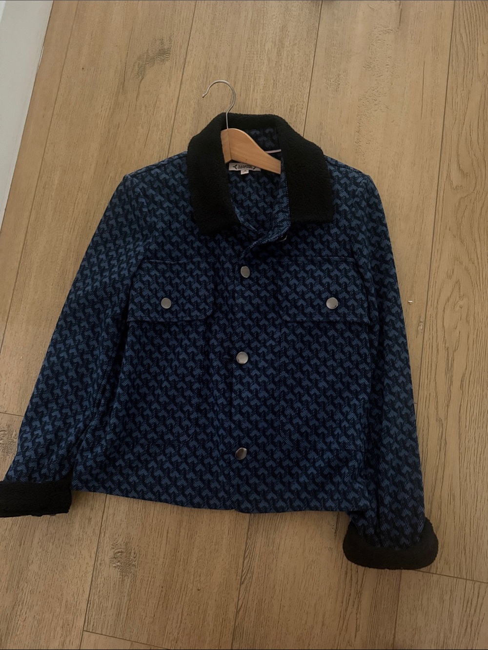 Nannette Blue and Black Houndstooth Jacket with Plush Collar
